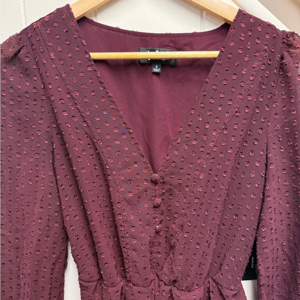 NWT Lulus Brilliant Love Burgundy Swiss Dot Long Sleeve Skater Dress Size Small - Picture 3 of 5